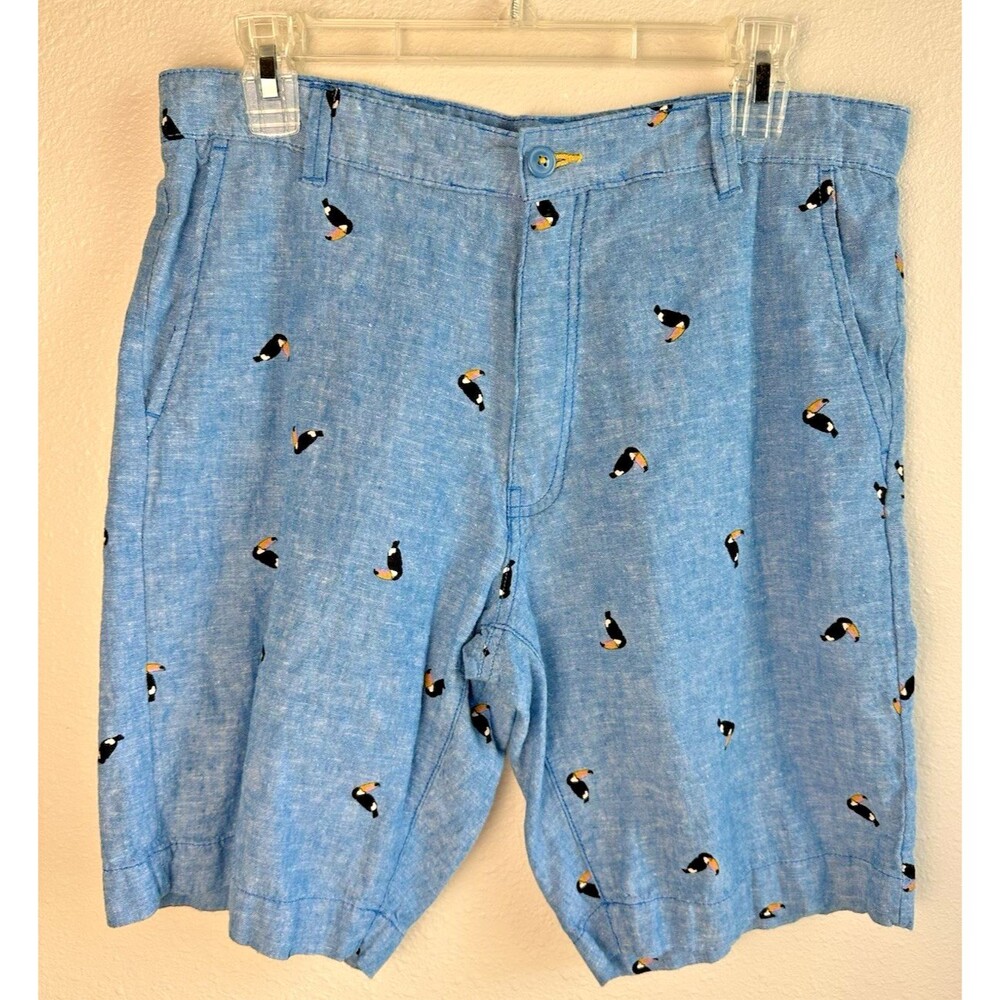 Tenth & Ocean Toucan Print Shorts Men's 34W Linen Blend Blue Tropical Birds